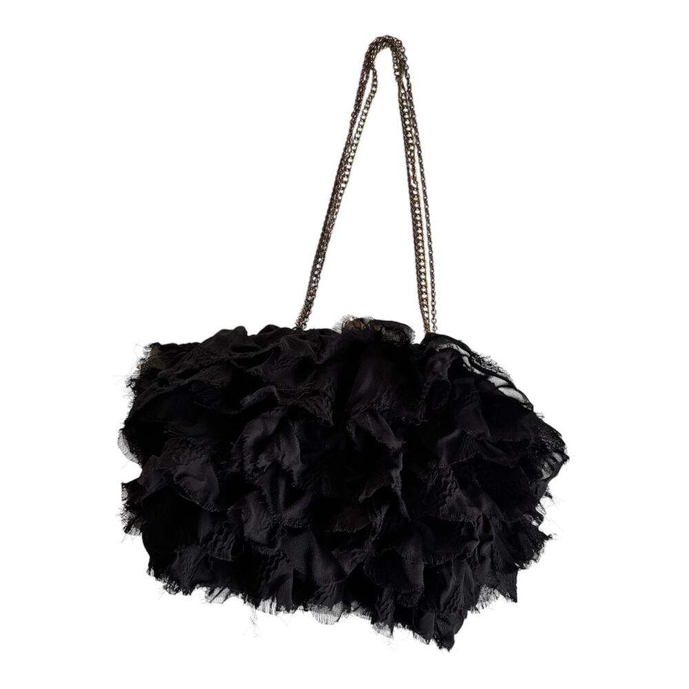 Betsey Johnson Black Ruffled Tulle Multi Chain Strap Clutch Bag Snap Closure